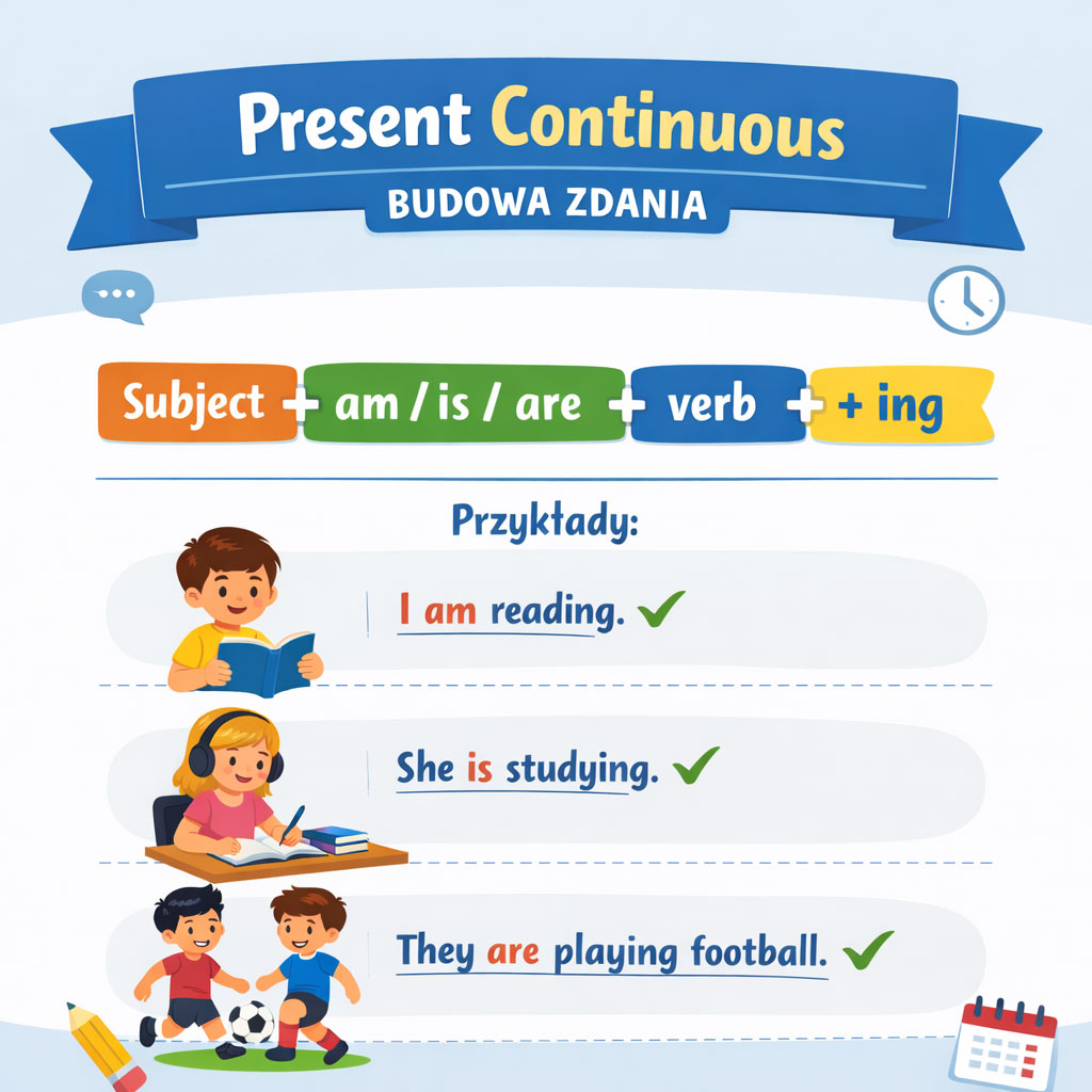 present continuous budowa zdania am is are + ing przykłady