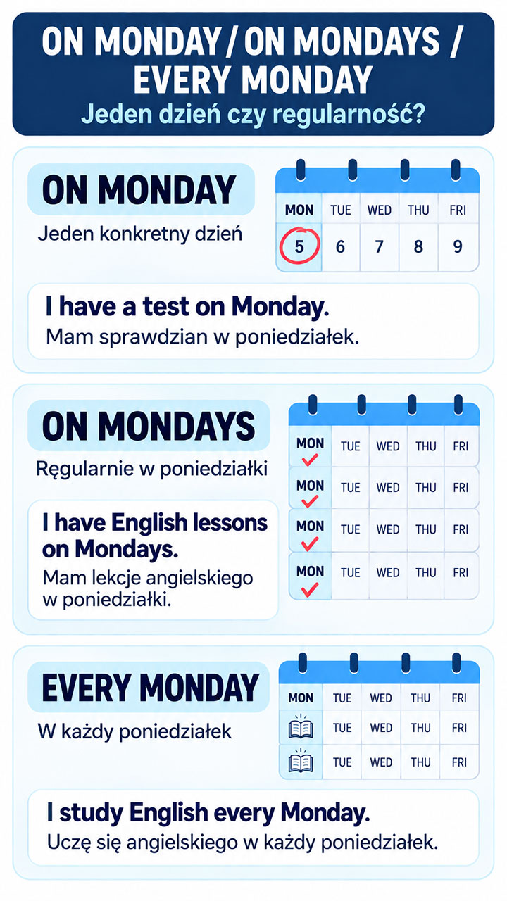 On Monday, on Mondays i every Monday – pionowa infografika