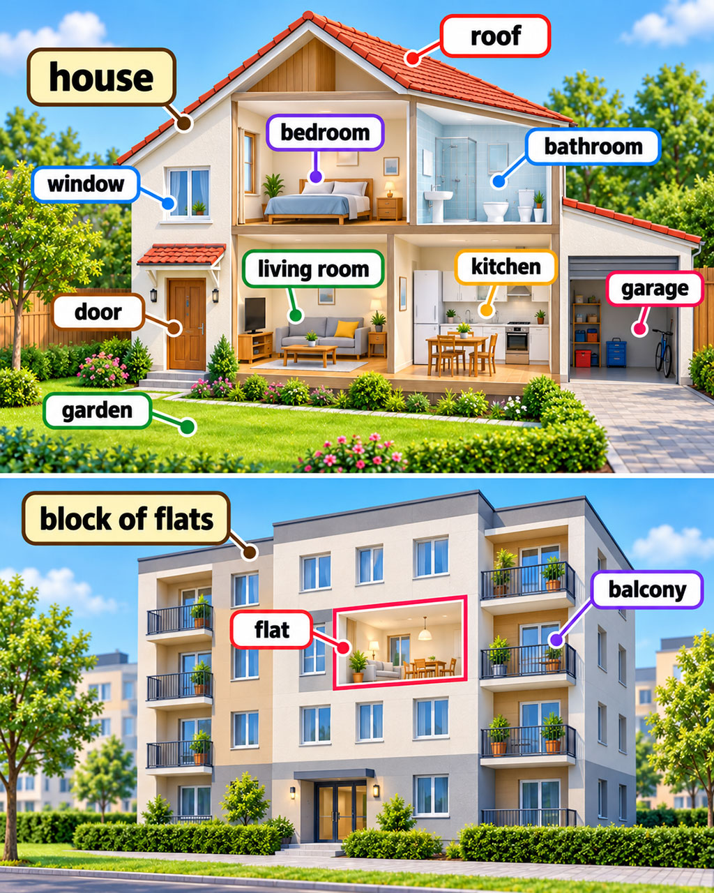 Dom i blok z angielskimi podpisami: house, flat, roof, door i garden