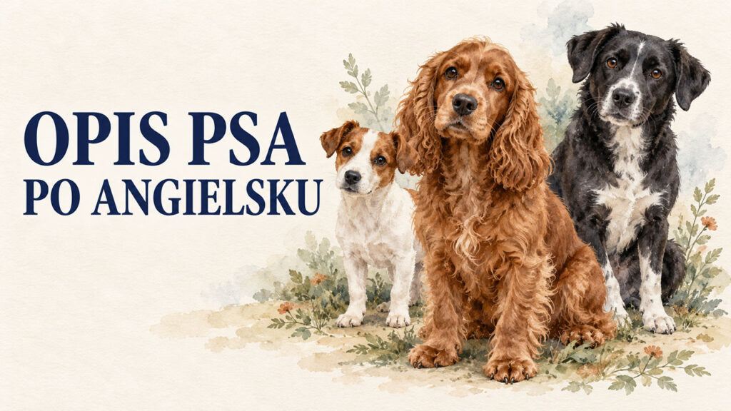 Opis psa po angielsku – akwarelowa ilustracja trzech psów: małego biało-brązowego psa, brązowego cocker spaniela i czarno-białego kundelka.