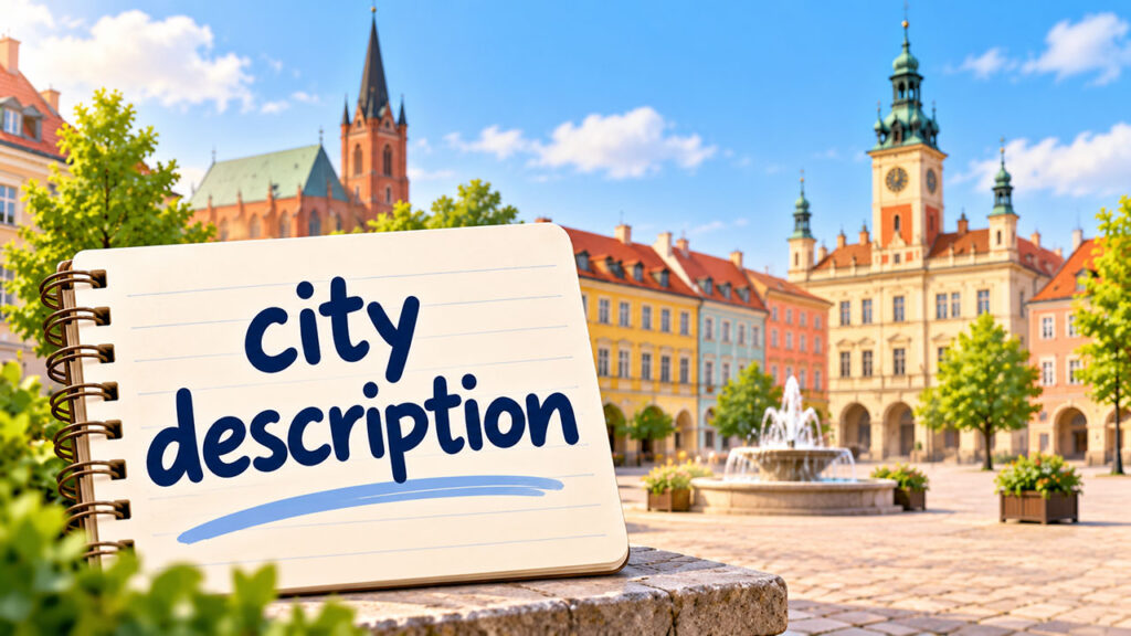 Zeszyt z napisem city description na tle rynku miejskiego