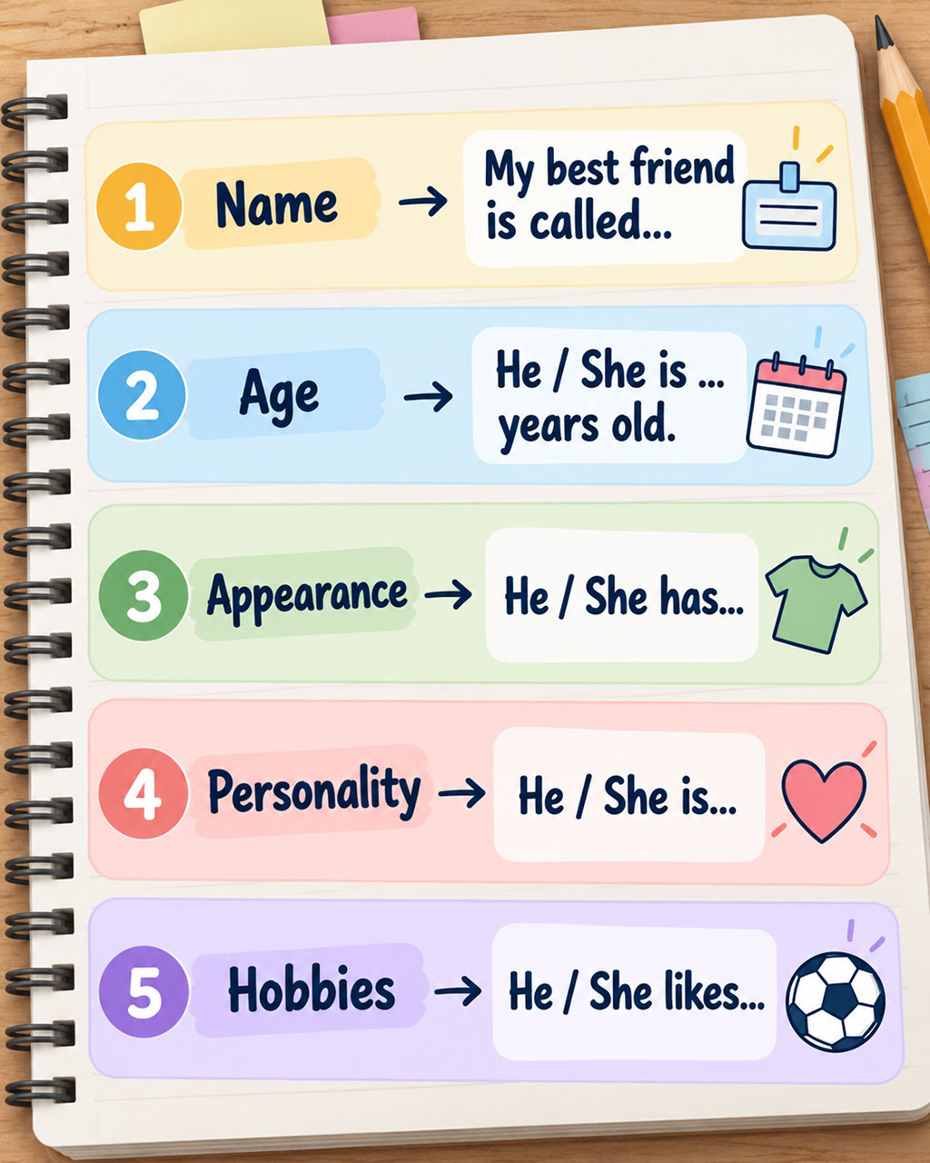 Schemat opisu przyjaciela po angielsku z przykładami Name Age Appearance Personality Hobbies