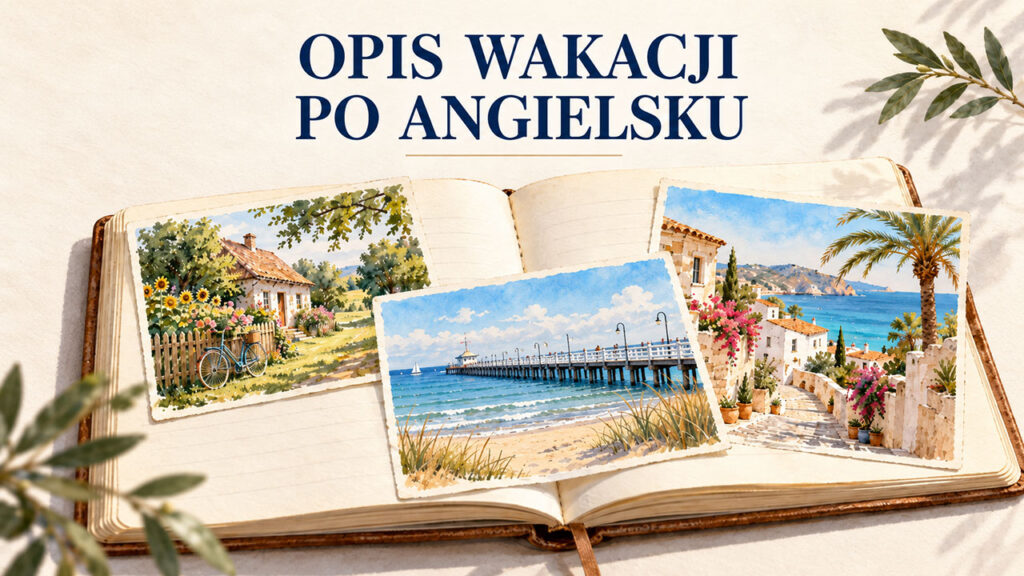 Opis wakacji po angielsku – otwarty dziennik podróży z ilustracjami wakacji na wsi, nad morzem i w Hiszpanii.