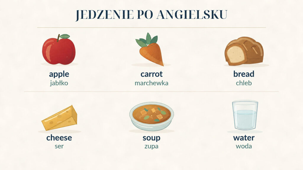 Jedzenie po angielsku z tłumaczeniem: apple – jabłko, carrot – marchewka, bread – chleb, cheese – ser, soup – zupa, water – woda.