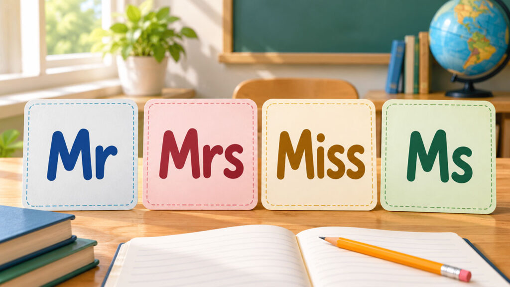 Karty z formami grzecznościowymi Mr, Mrs, Miss i Ms