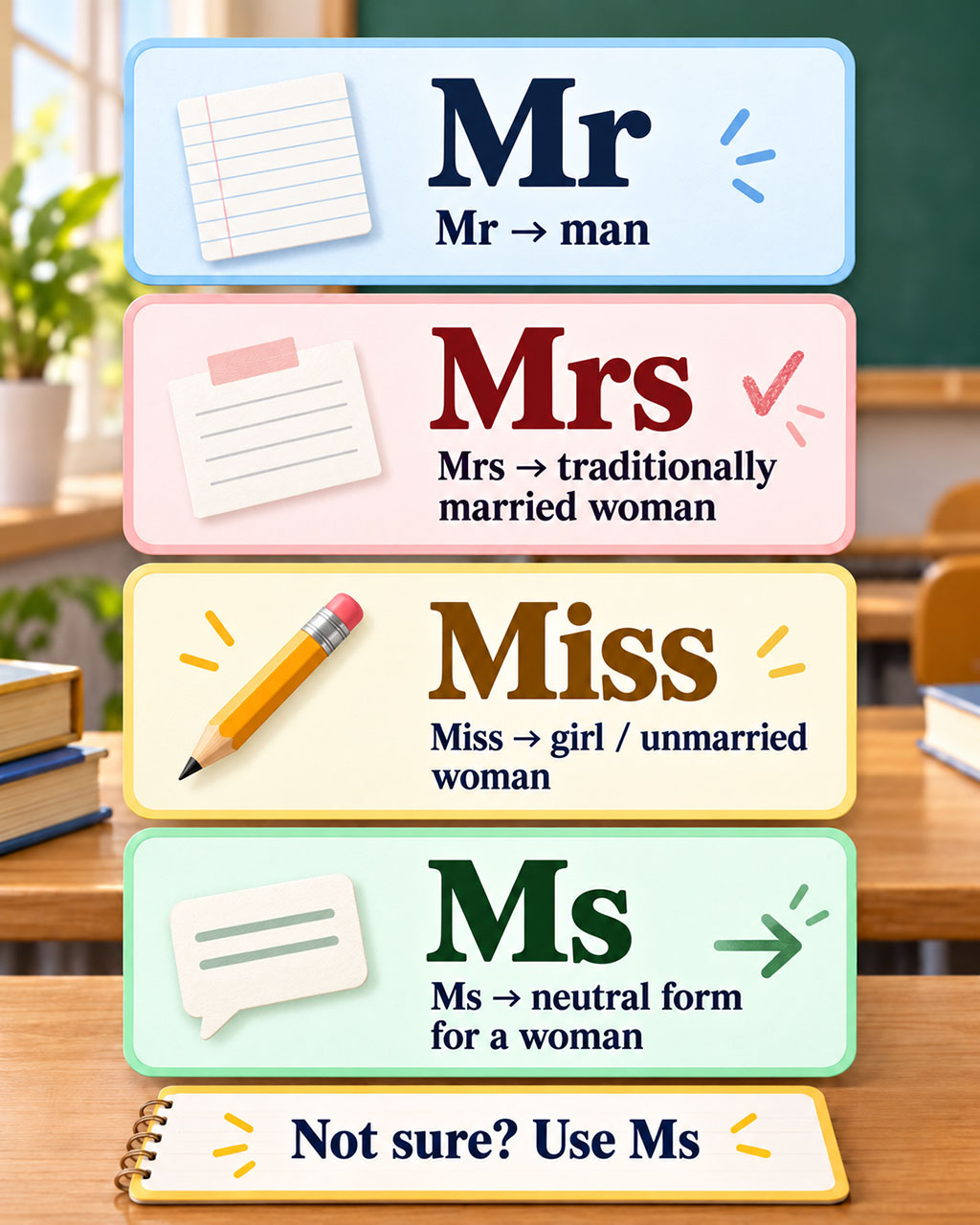 Infografika z formami grzecznościowymi Mr, Mrs, Miss i Ms