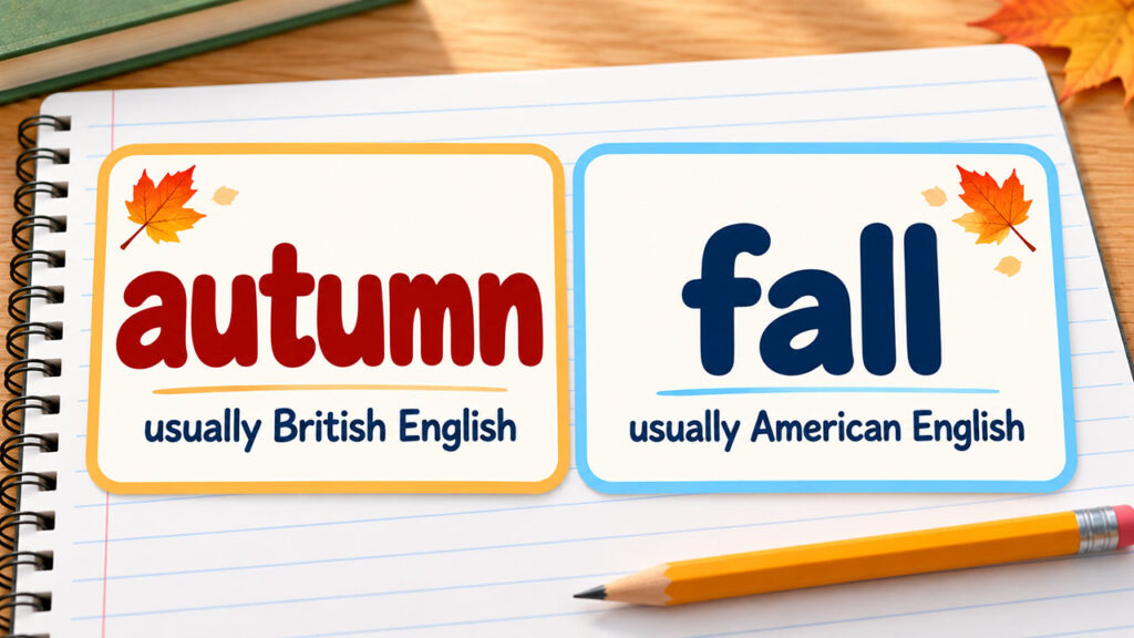 Karty z napisami autumn i fall oraz opisami British English i American English