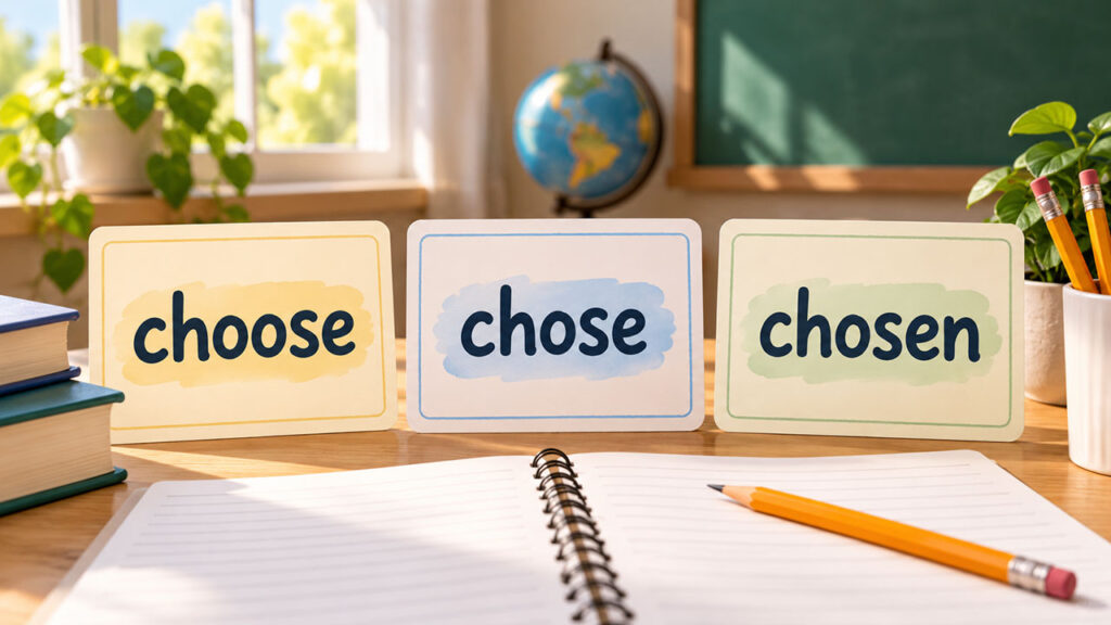 Karty z formami czasownika choose: choose, chose, chosen