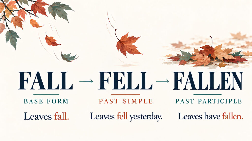 Odmiana czasownika fall – fall, fell, fallen z przykładami zdań i ilustracją spadających liści