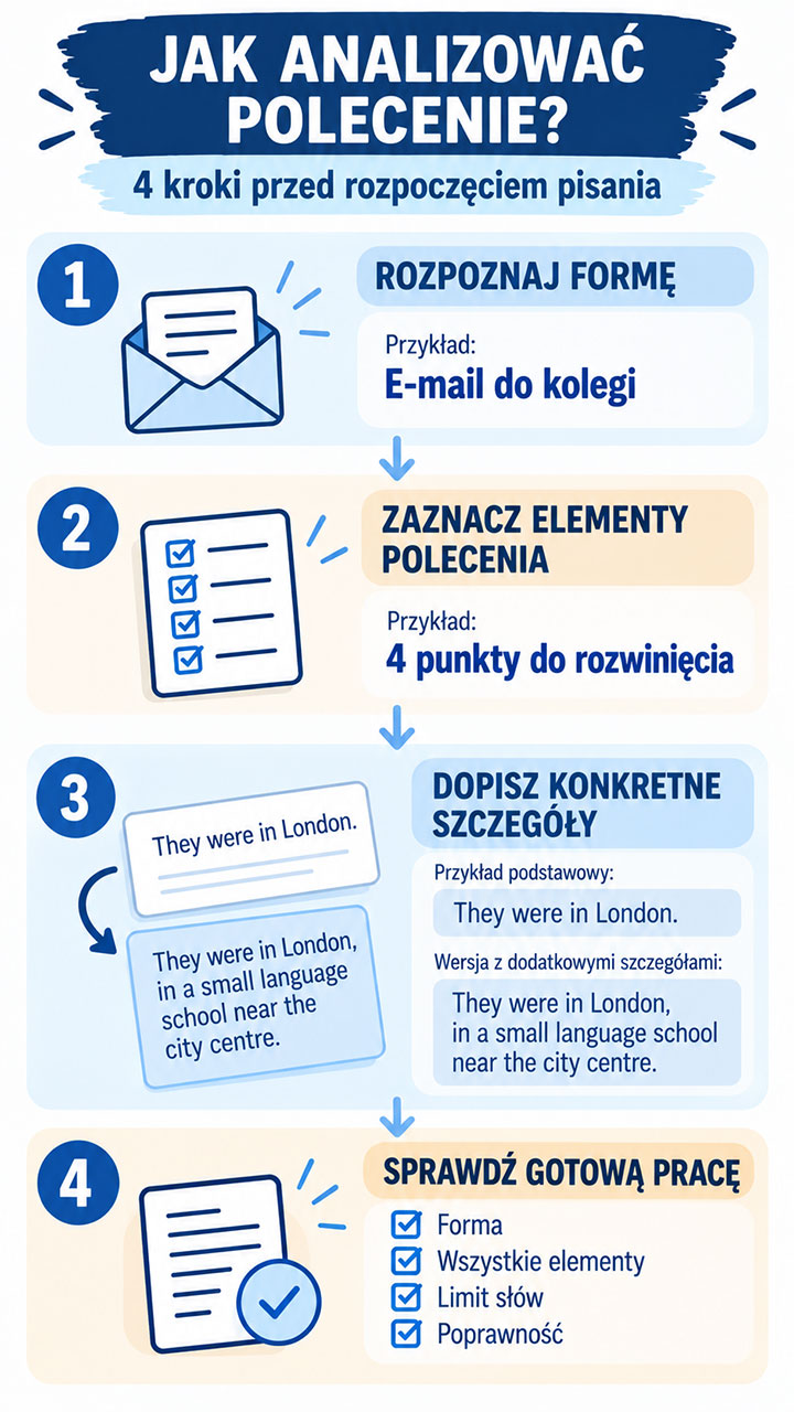 Infografika pokazująca 4 kroki analizy polecenia na maturze z angielskiego