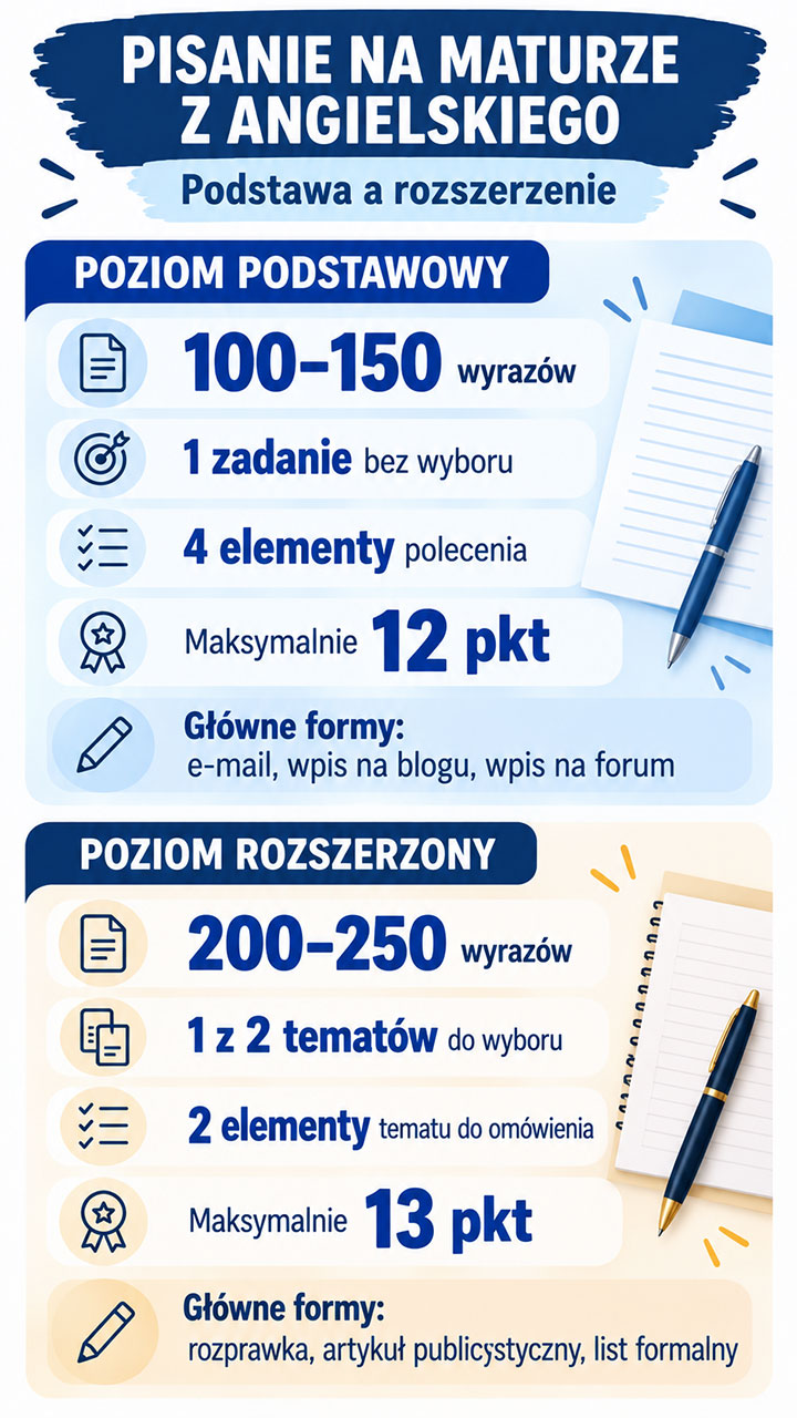 Infografika porównująca pisanie na maturze z angielskiego na poziomie podstawowym i rozszerzonym