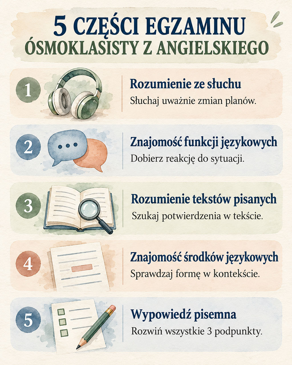 Pięć części egzaminu ósmoklasisty z angielskiego: słuchanie, funkcje językowe, czytanie, środki językowe i wypowiedź pisemna.